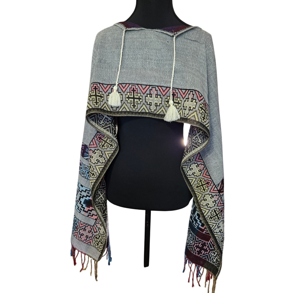Reversible Shawl Poncho Geometric Southwestern Aztec Grey Multi Color Fringe